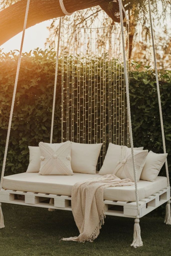 Swinging pallet bed on porch