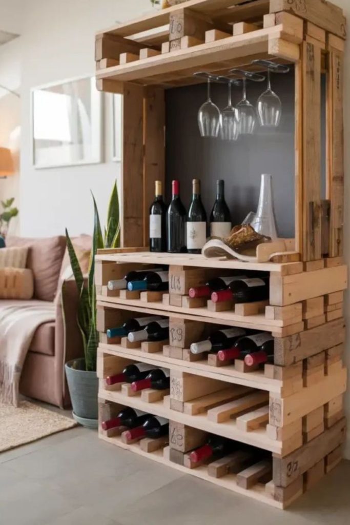Vertical wine rack from reclaimed pallets