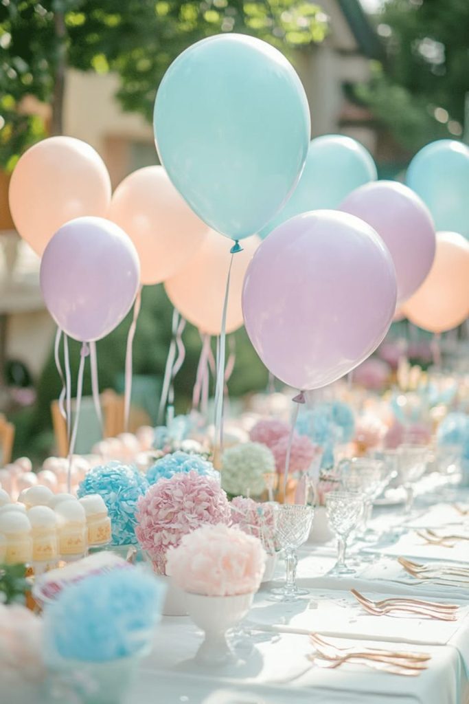 Cluster of pastel balloons above table.