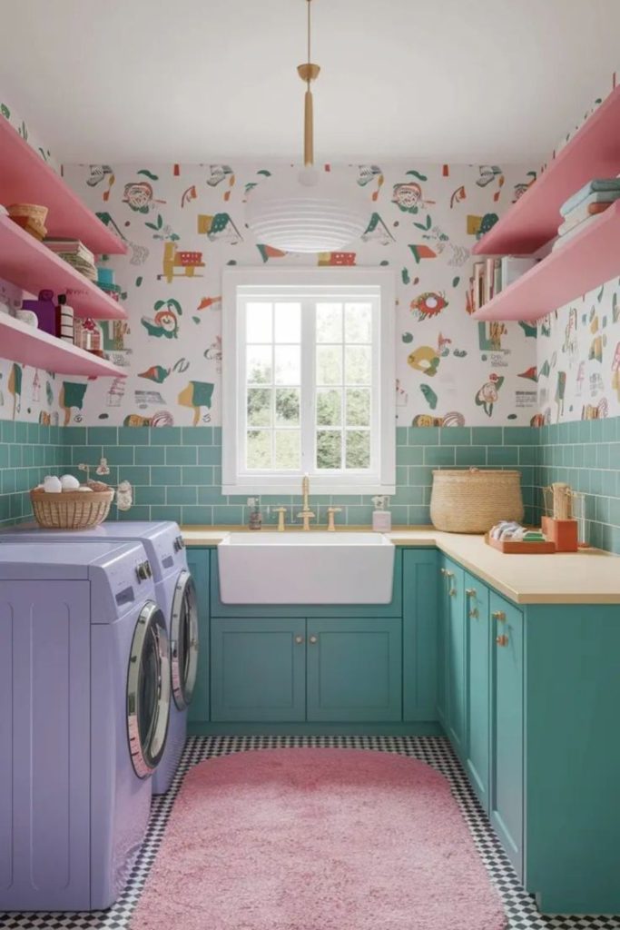 Mint and blush cabinetry with round sink