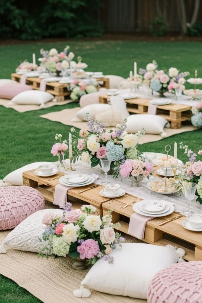 Pastel picnic blanket outdoor bridal setup