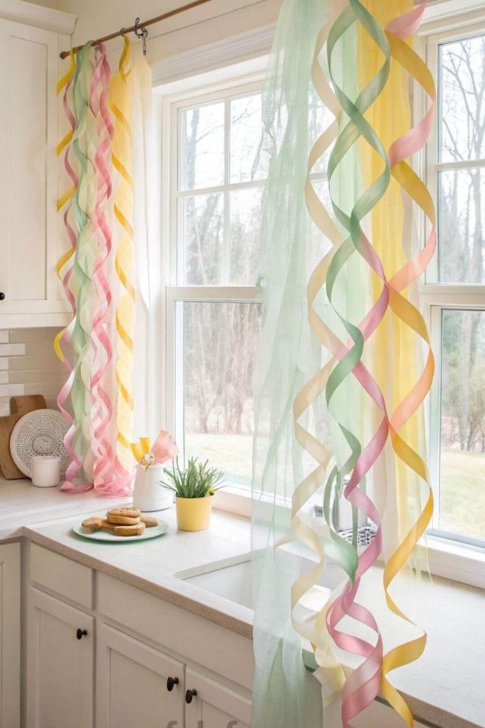 Floor-to-ceiling pastel ribbons swaying softly.