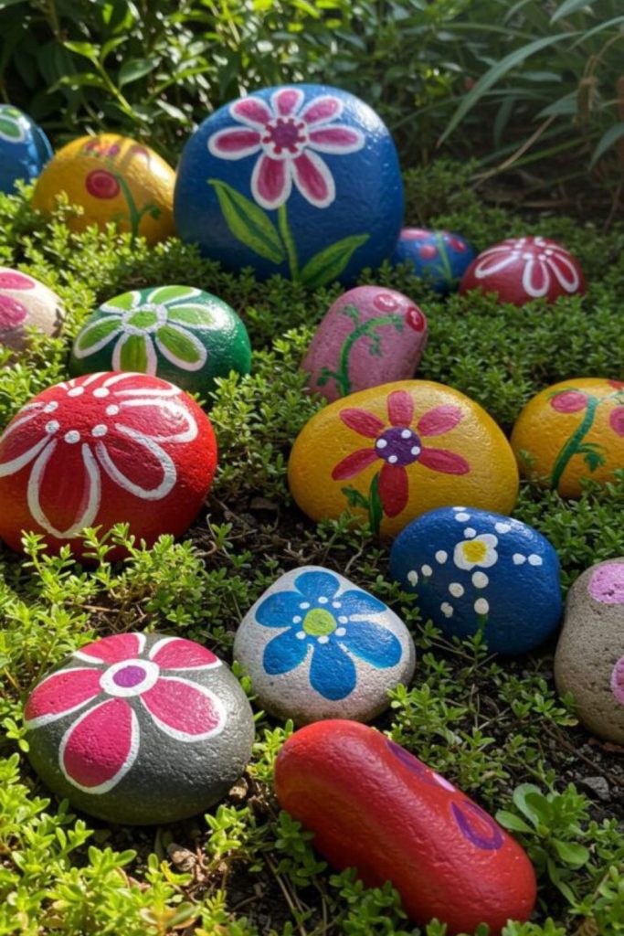Painted pebble creatures in garden soil