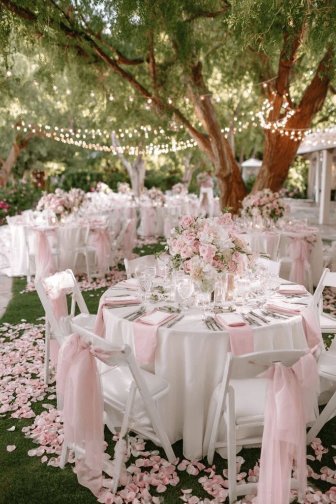 Romantic garden petals scattered bridal setup