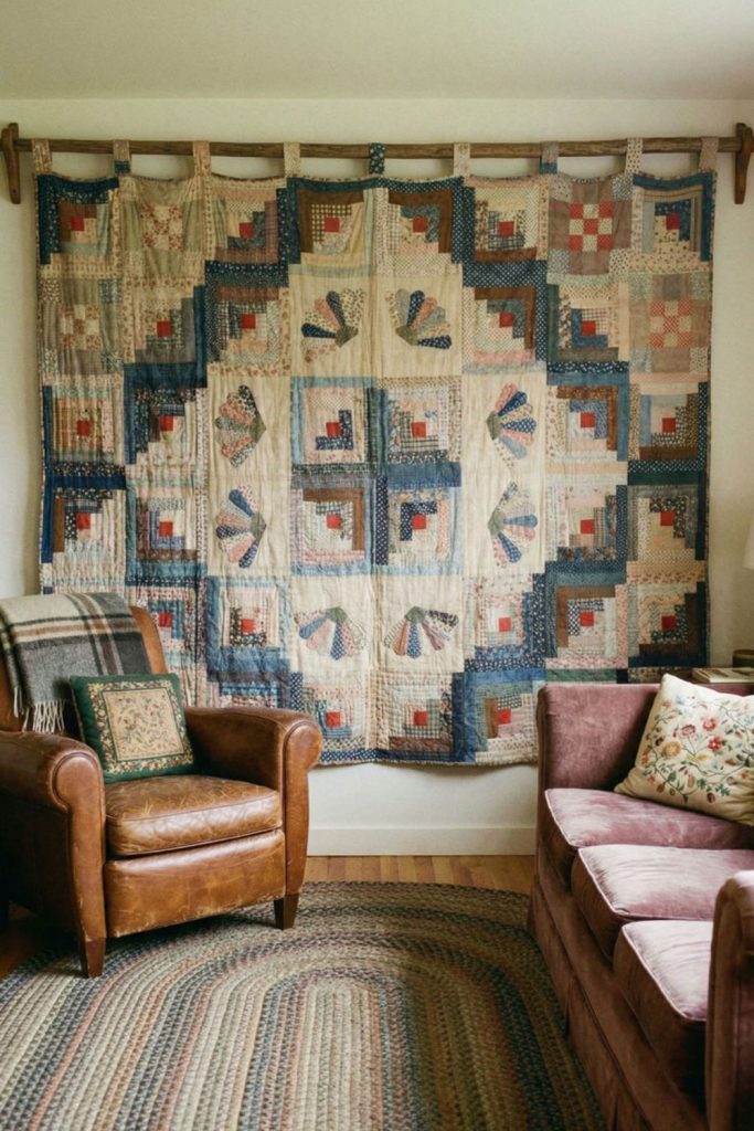 Pioneer quilt room with patchwork textiles