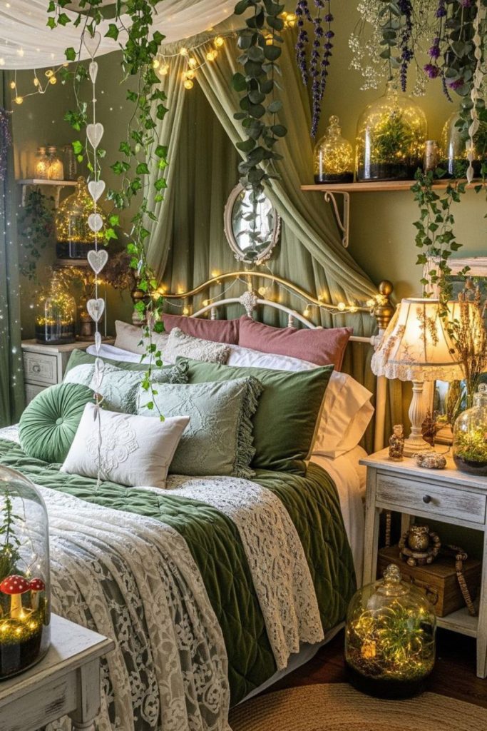 Green fairy-inspired nook with terrariums.