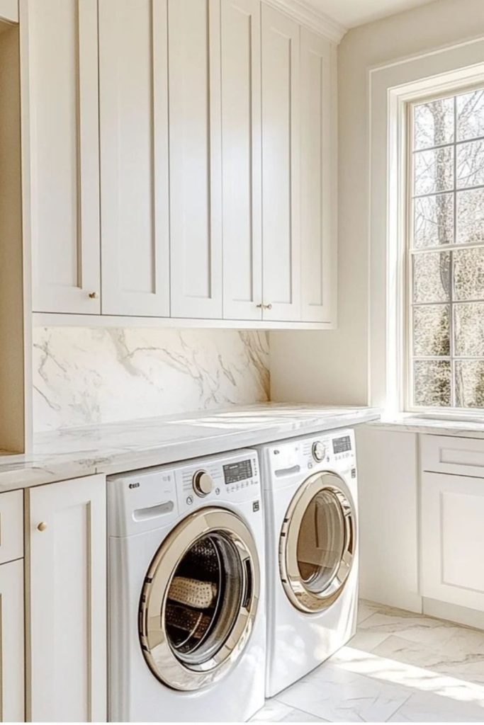 Marble luxurious laundry room gold fixtures