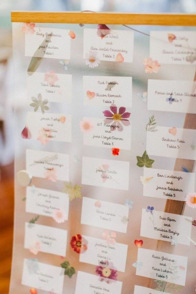 Pressed flower glass frame romantic seating chart.