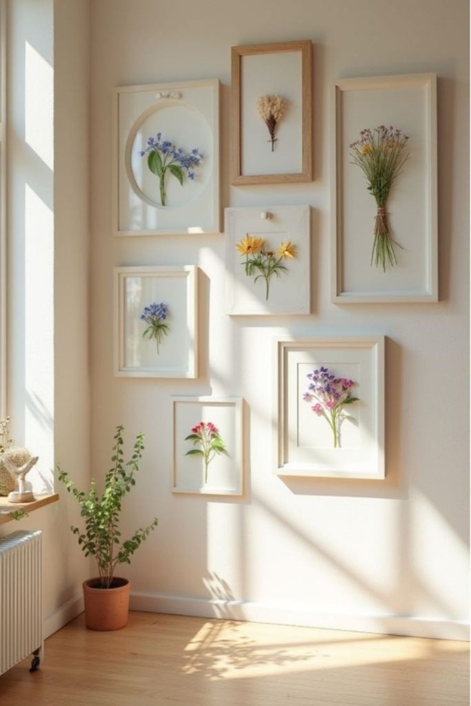 Pressed flower art in glass frames.