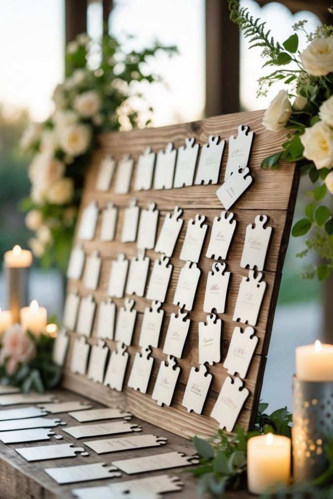 Puzzle piece interactive wedding seating chart display.