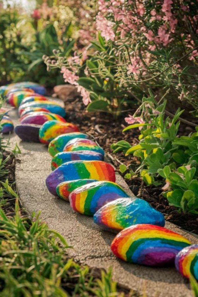 Rainbow painted stepping stone garden path