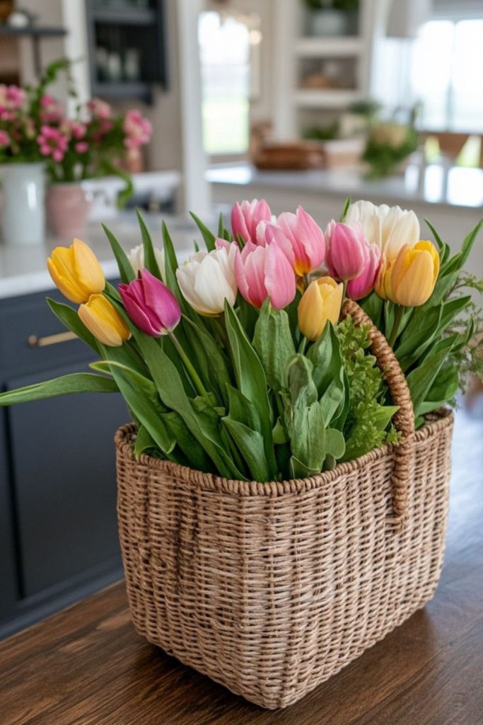 Neon tulips in geometric basket
