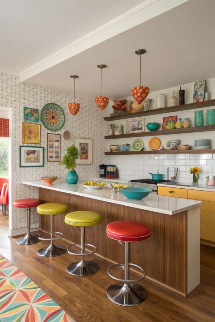 Retro diner-themed living area with charm.
