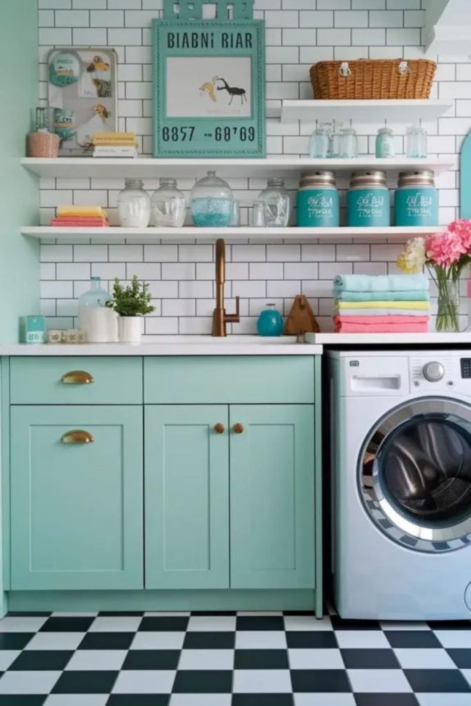 Turquoise sink with checkerboard floor tiles