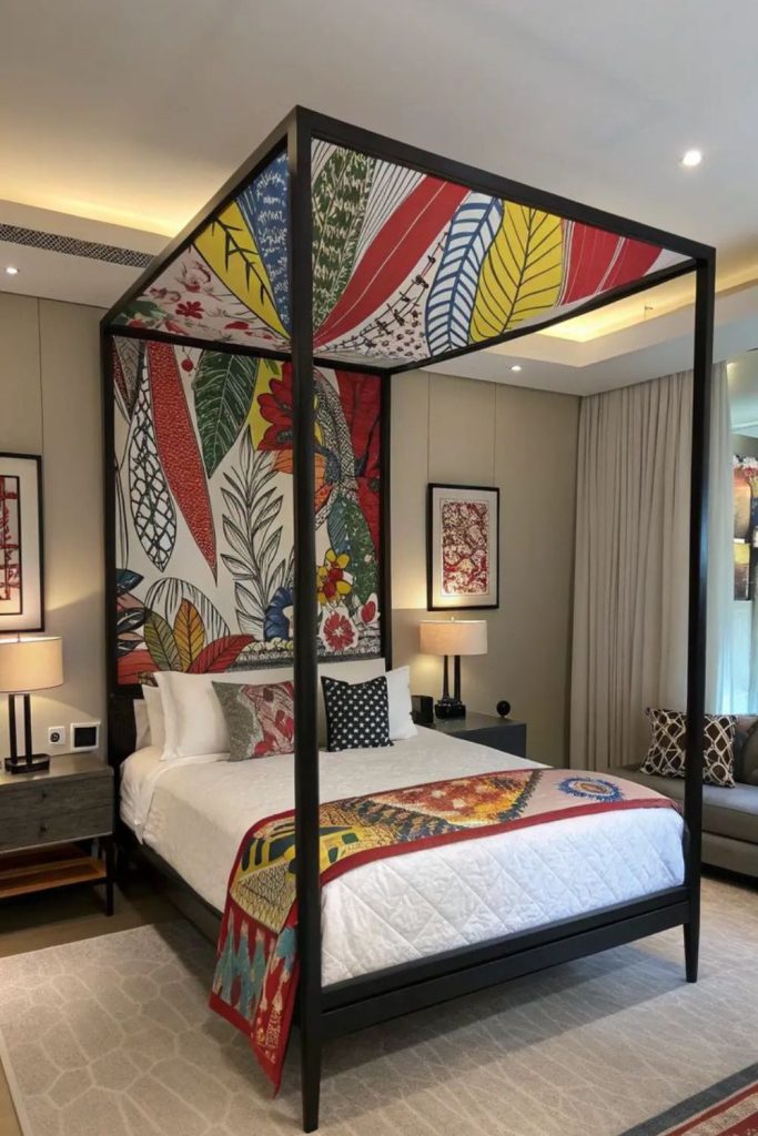 Bright neon panels and funky bedding