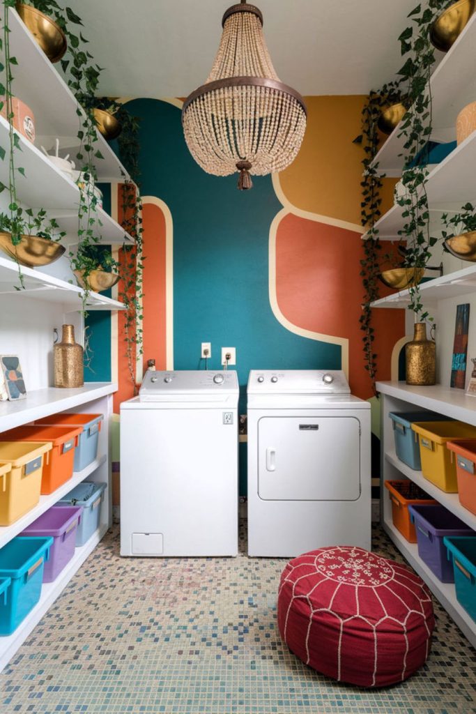 Retro colorful laundry room with cabinets