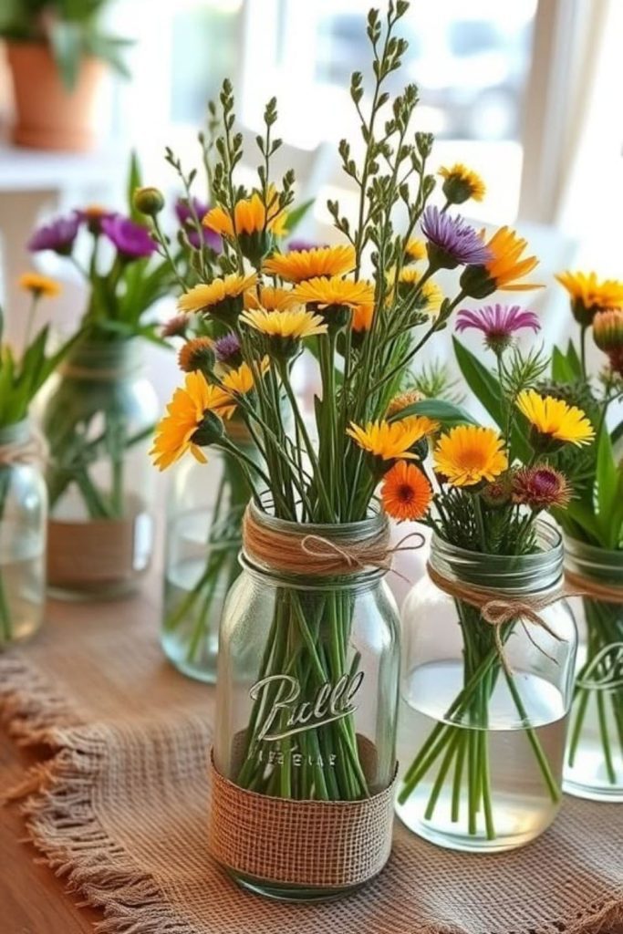 Mason jars with bulbs wrapped in ribbons.