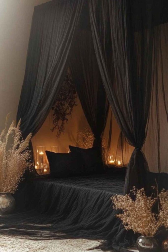 Romantic black canopy bed warm dusk lighting.
