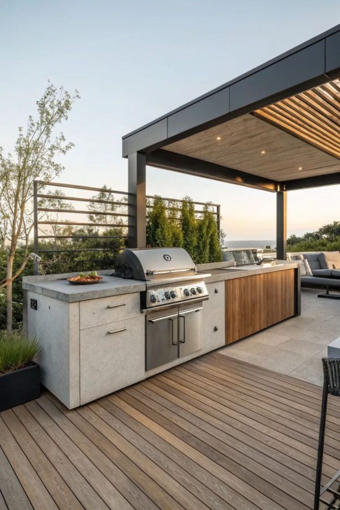 Sleek grill above city skyline