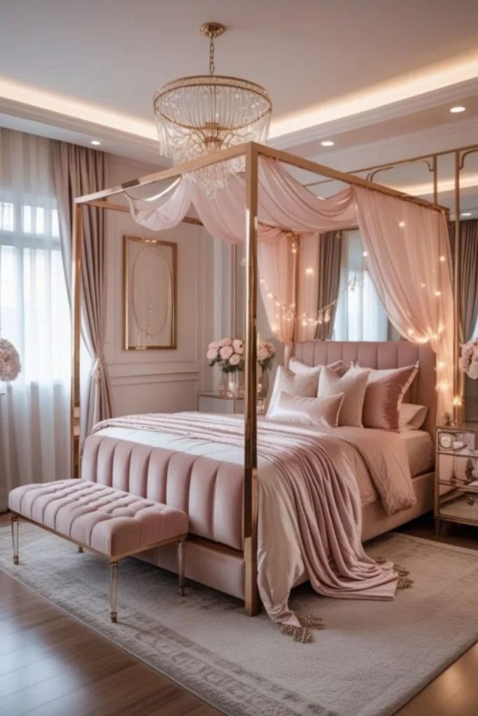 Pink satin canopy with golden accents