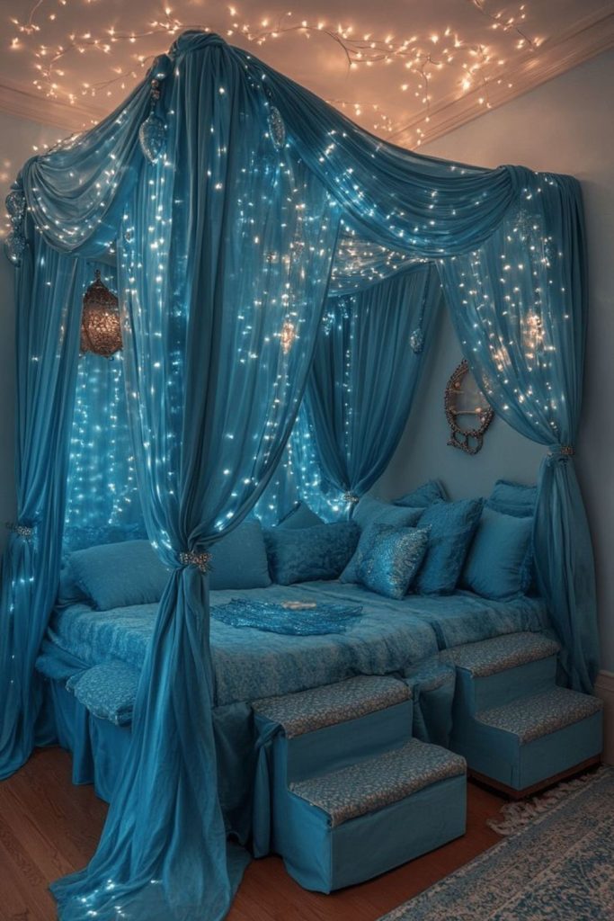 Teal canopy with metallic tassel accents