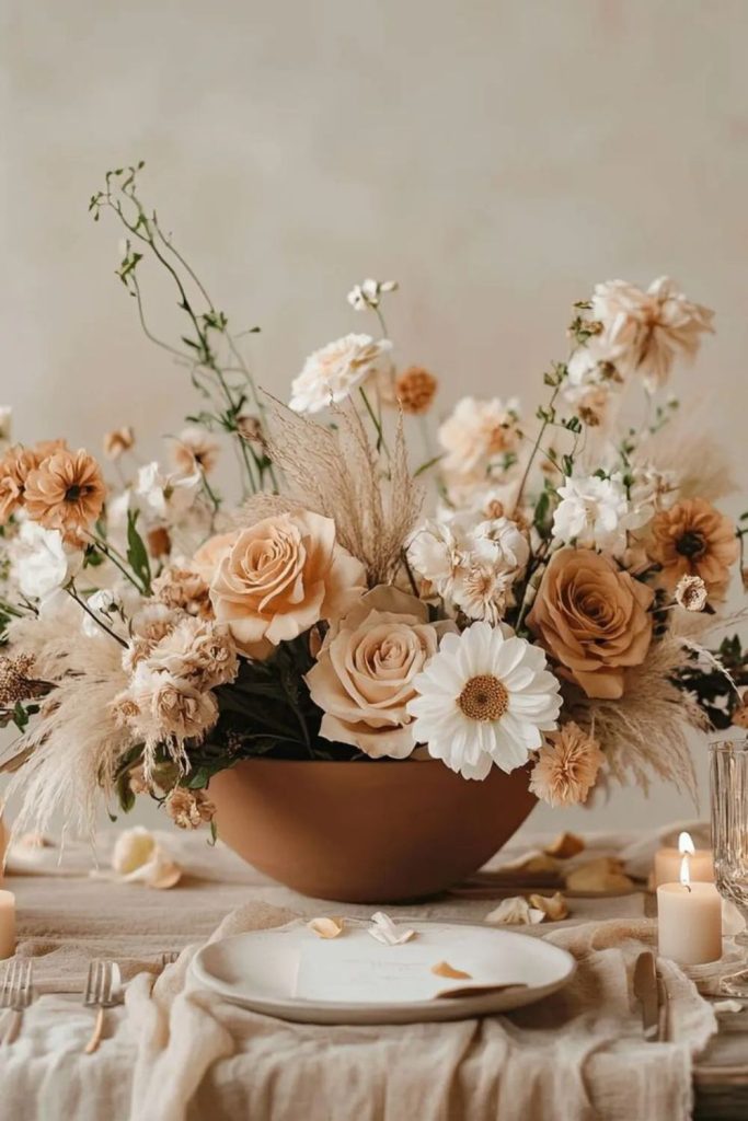 Terracotta dahlias with brick-colored roses