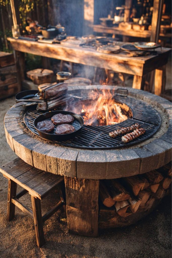 Oak barrels near smoky grill