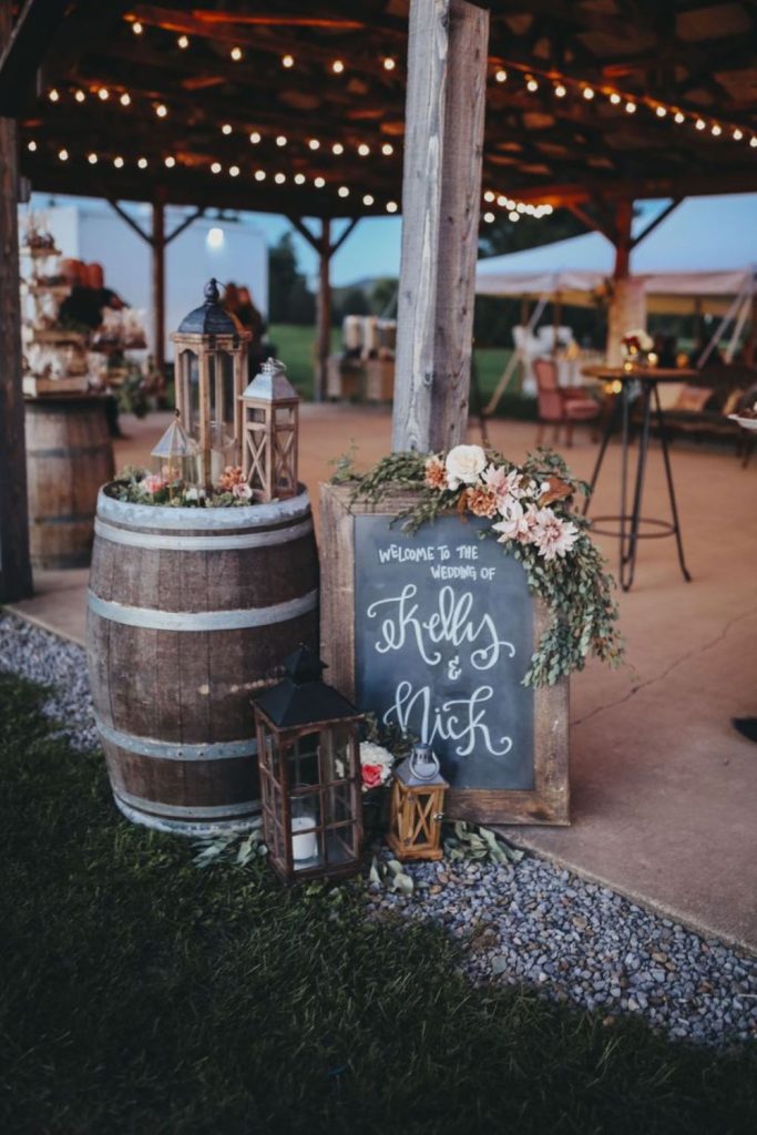 Rustic barrel chalkboard wedding bar sign