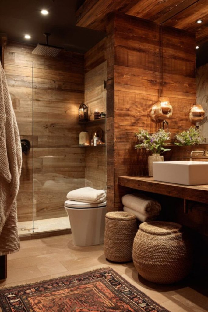 “Warm rustic bathroom with wooden accents”