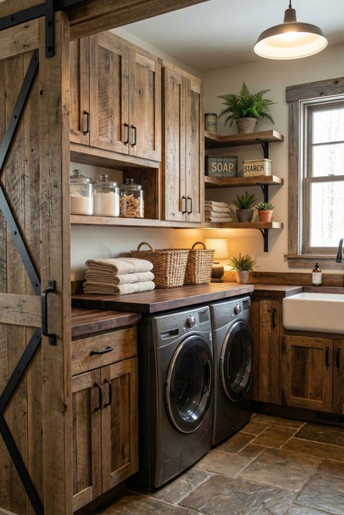 Rustic farmhouse laundry room wooden shelves