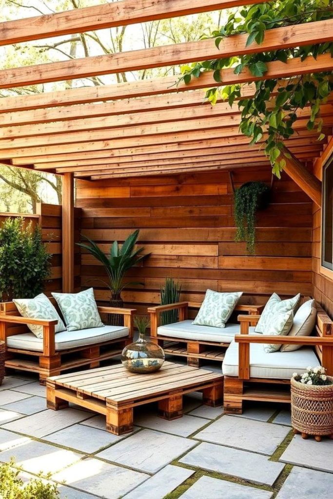 Rustic wooden garden lounge with cushions