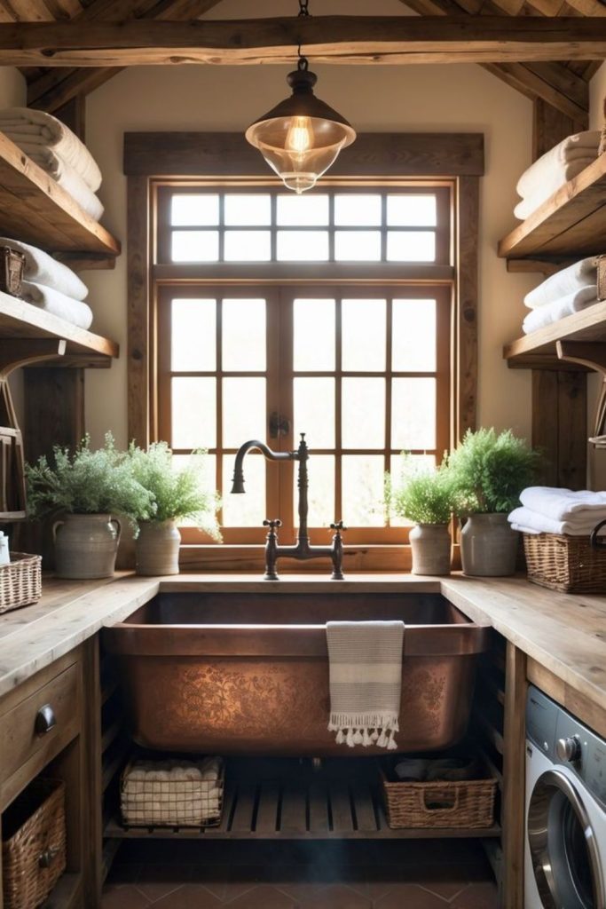 Metal sink atop rugged wooden counter