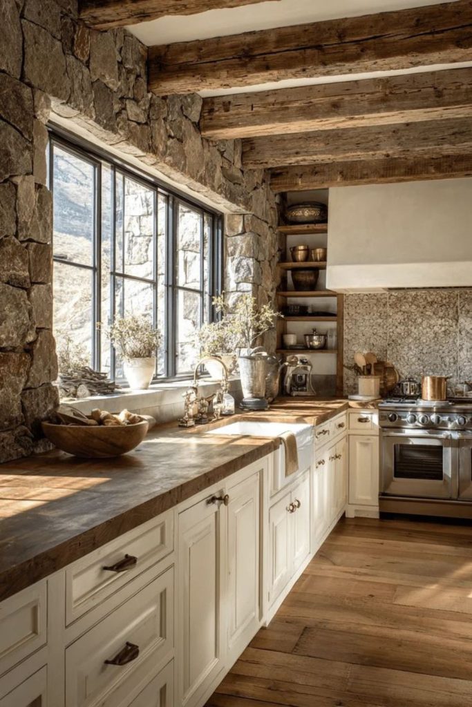 Rustic milkhouse kitchen with stone walls