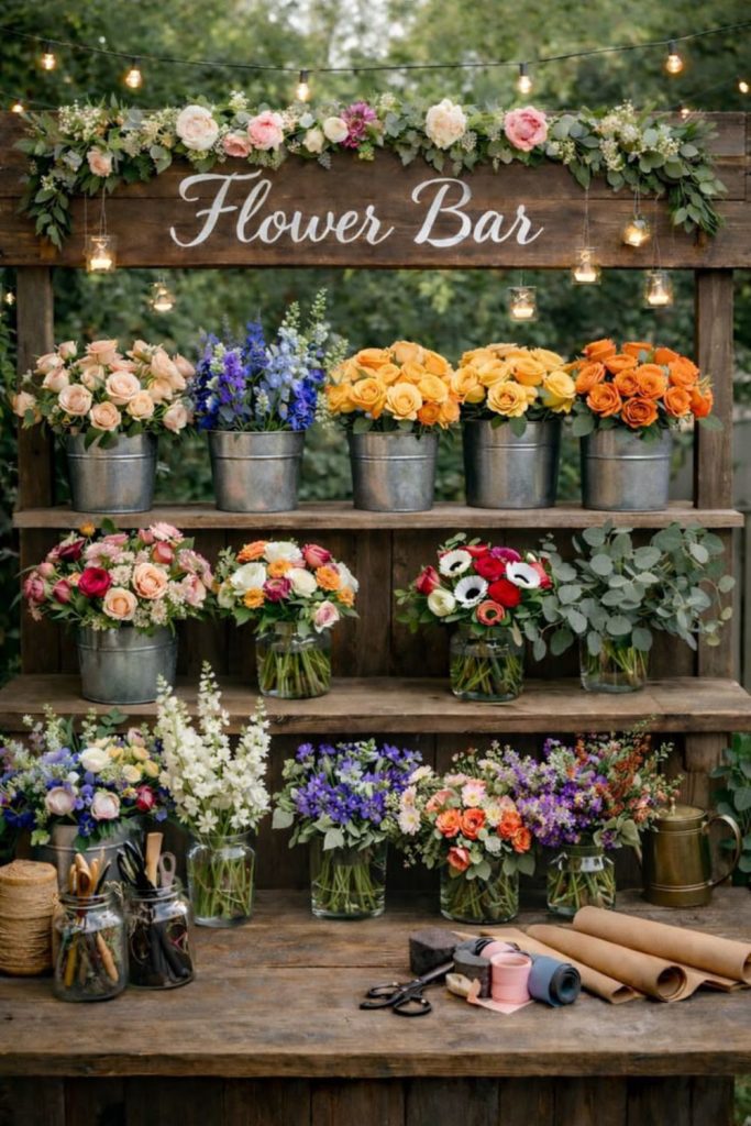 Rustic orchard themed floral station display.