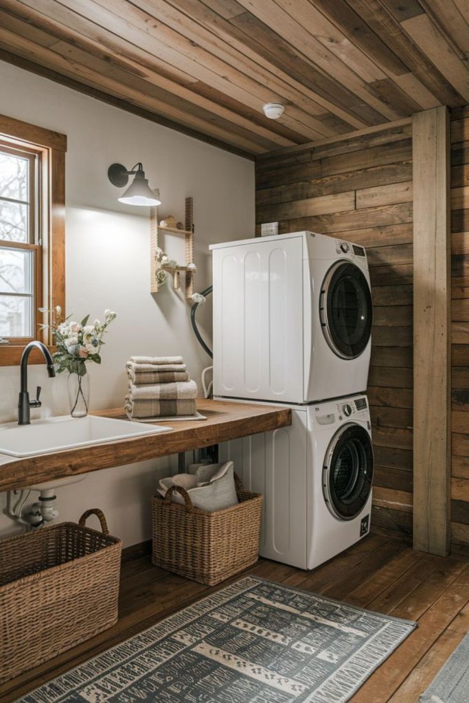 Deep timber sink with rough-hewn counter