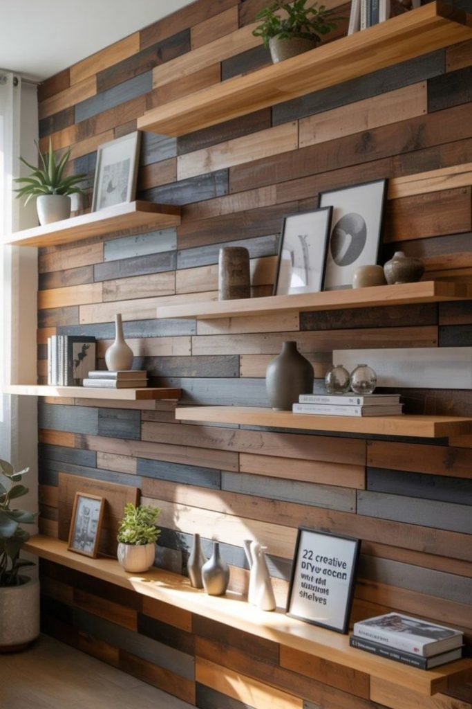 Rustic reclaimed wood plank wall grid.