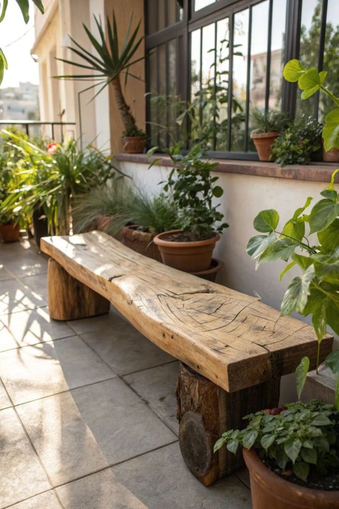 Solid rustic wooden bench with character