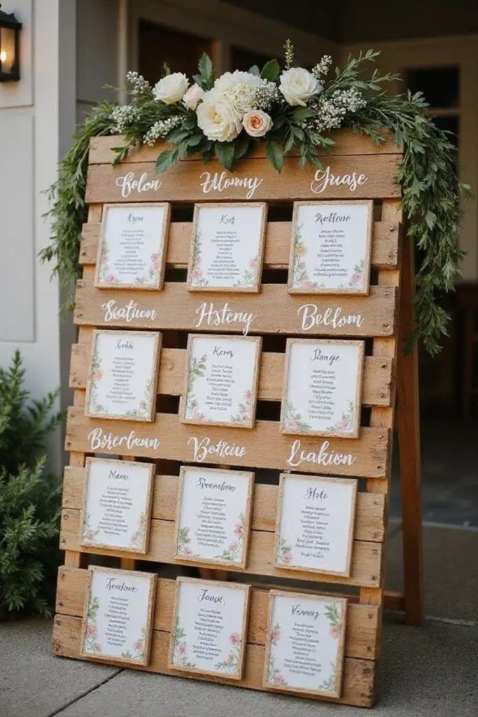 Rustic wooden crates seating chart with florals.