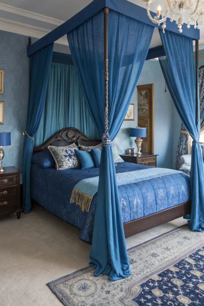 Deep sapphire cocoon with glimmering accents.