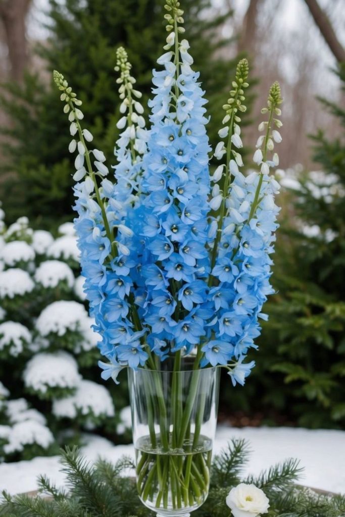 Blue delphiniums in glass container