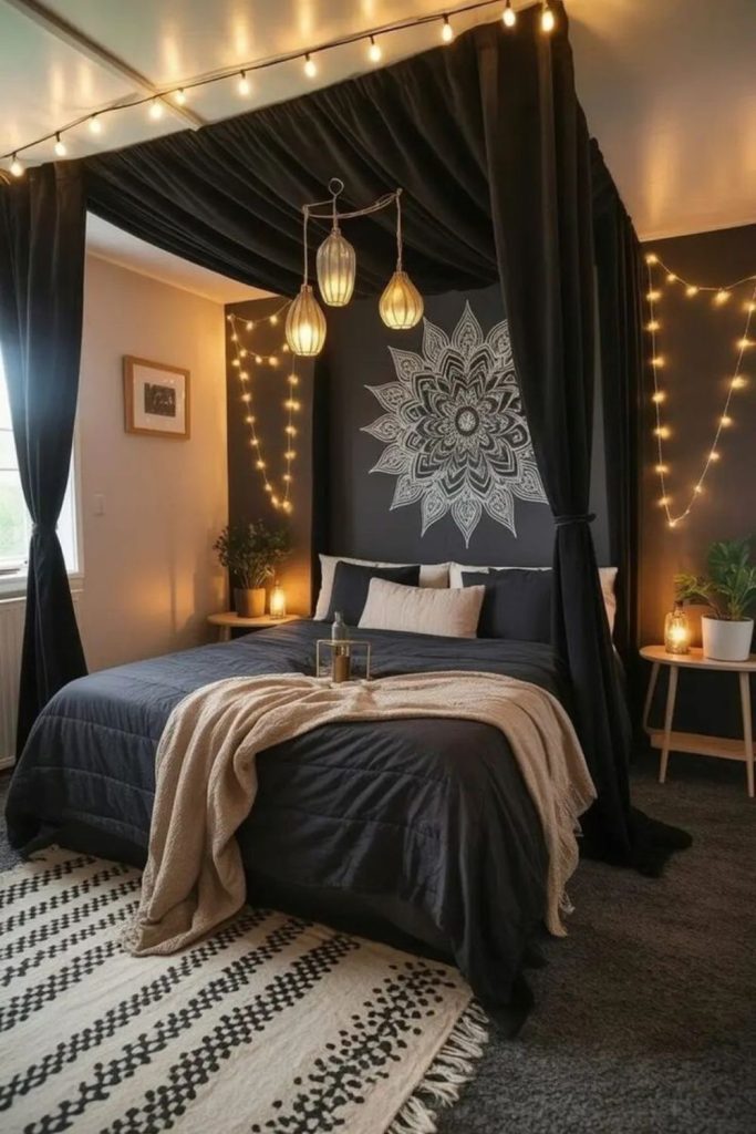 Scandinavian black canopy bed minimal wood accents.