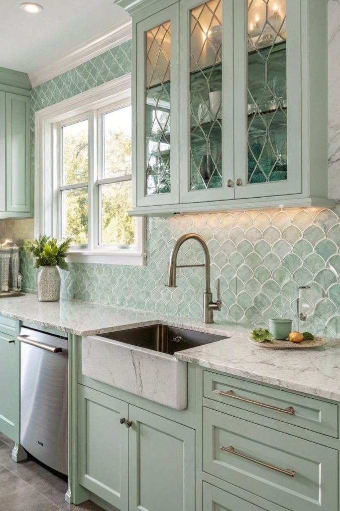 Seafoam glass soft kitchen backsplash