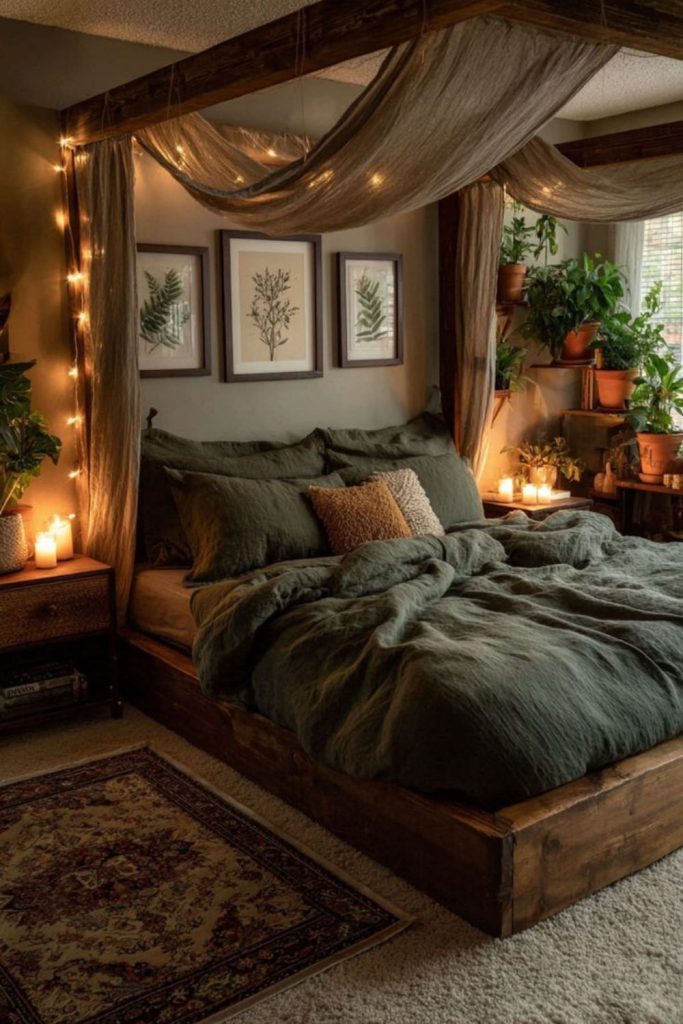 Olive woodland-inspired bedroom with crystals.