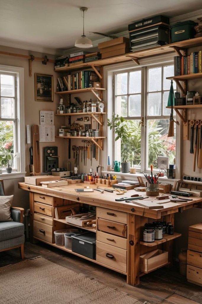 Settler craft workshop with wooden tools