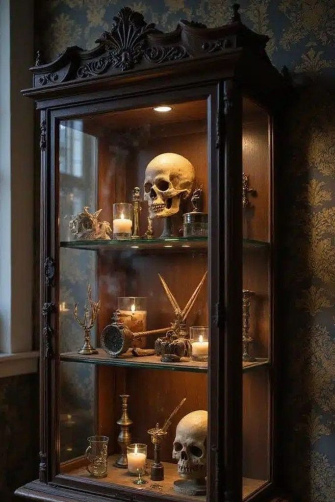 Shadow box frames with vintage curios.