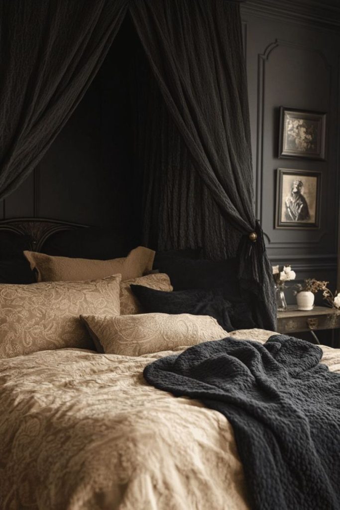 Layered black canopy bed textured luxury setup.