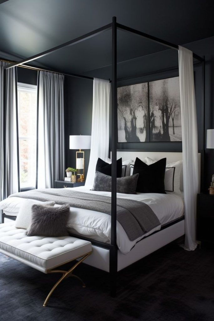 Minimal zen black canopy bed calm space.