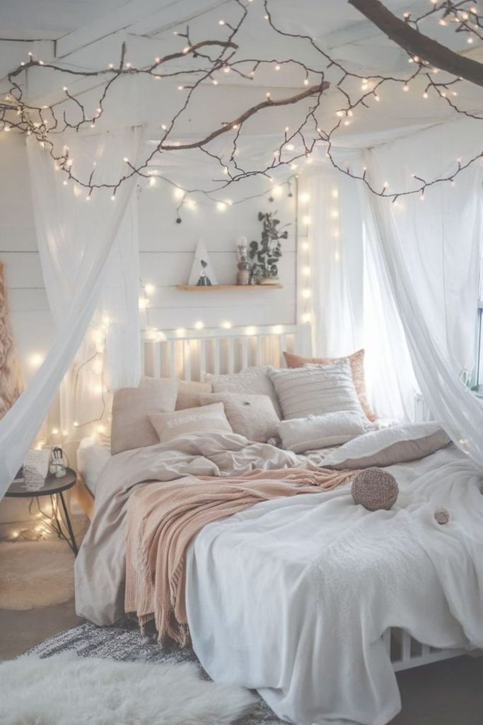 Metallic fern accents and plush bedding.