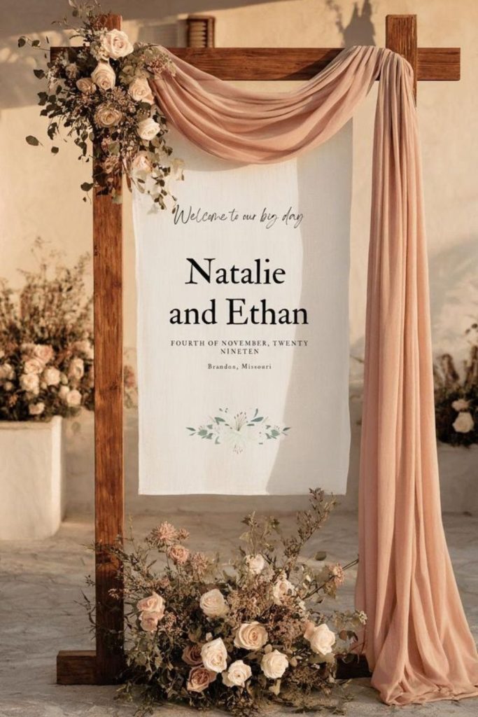 Flowing pastel fabric panels framing entrance.