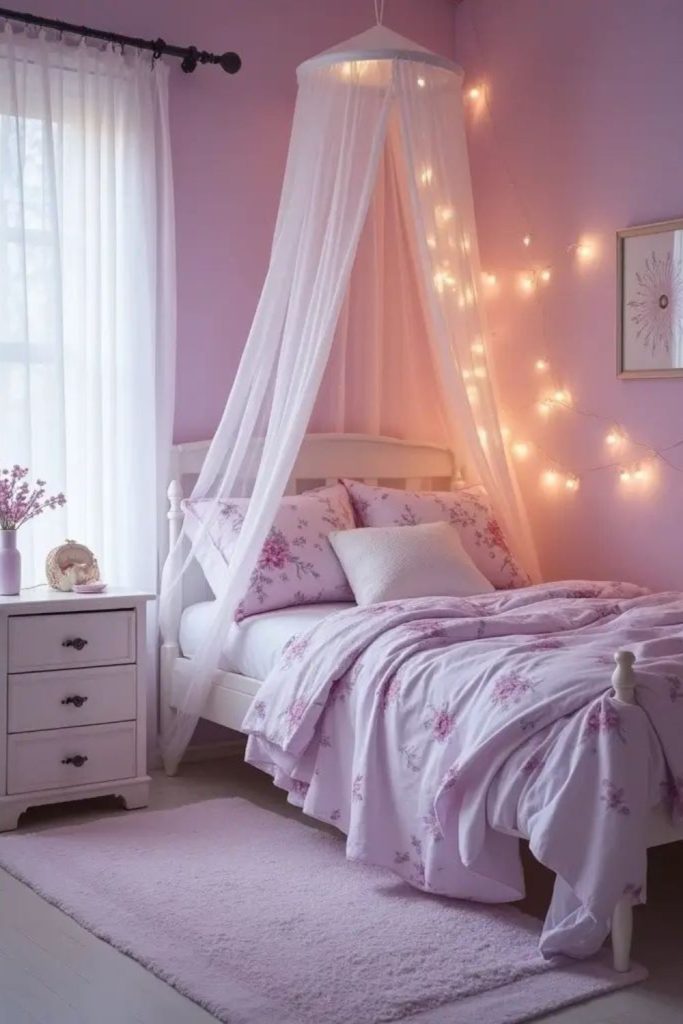 Dreamy lilac canopy with sparkling garlands.